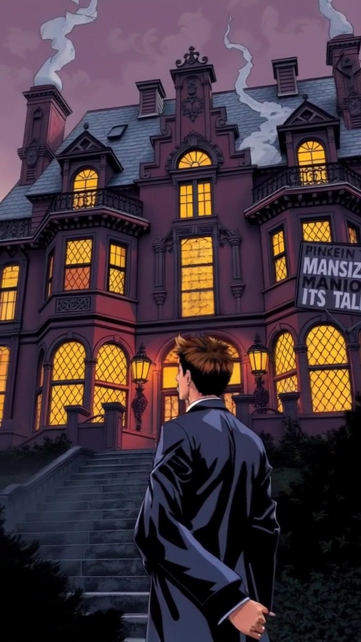 Scene: Standing outside a grand mansion with intricate architecture, surrounded by lush gardens and towering trees. Style: Soft morning light casting gentle shadows, creating an inviting atmosphere. Motion: The camera slowly pushes in from a wide shot, capturing the mansion's façade and the individual deep in thought, creating a serene, contemplative moment.
