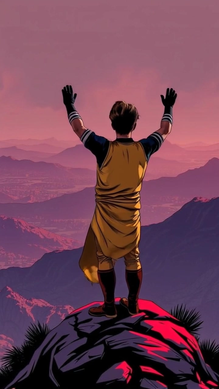 Subject: A person standing triumphantly on a hilltop. Subject movement: The person raises their arms in victory, gazing at the vast horizon. Scene: A breathtaking hilltop overlooking an expansive landscape, featuring rolling hills and a clear sky. Style: Ambient lighting with a warm sunset glow casting soft shadows across the terrain. Motion: The camera slowly dolly out from the subject, revealing the stunning panoramic view, while maintaining the sense of elevation and freedom.
