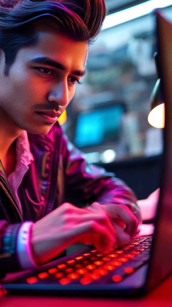 Subject: Hands typing vigorously on a keyboard, showing determination. Scene: A focused workspace illuminated by the soft glow of a desk lamp, papers scattered around. Motion: The camera performs a close-up push in on the hands as they type with intensity, capturing the swift movements of the fingers, while the ambient lighting emphasizes the determined expressions.