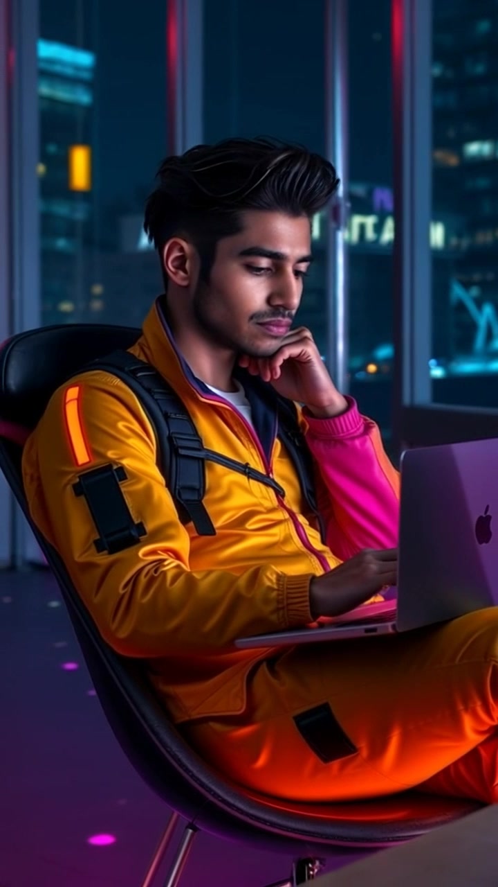 Subject: A person sitting on a chair, captivated by a laptop screen. Subject movement: The individual leans forward slightly, eyes fixed on the screen, revealing a wave of concentration. Scene: An intimate workspace with soft lighting, surrounded by books and a coffee mug on a cluttered desk. Style: Warm, cozy lighting envelops the scene, creating an inviting atmosphere. Motion: Camera begins with a closeup on the laptop screen, then smoothly pulls back to reveal the person and their surroundings.