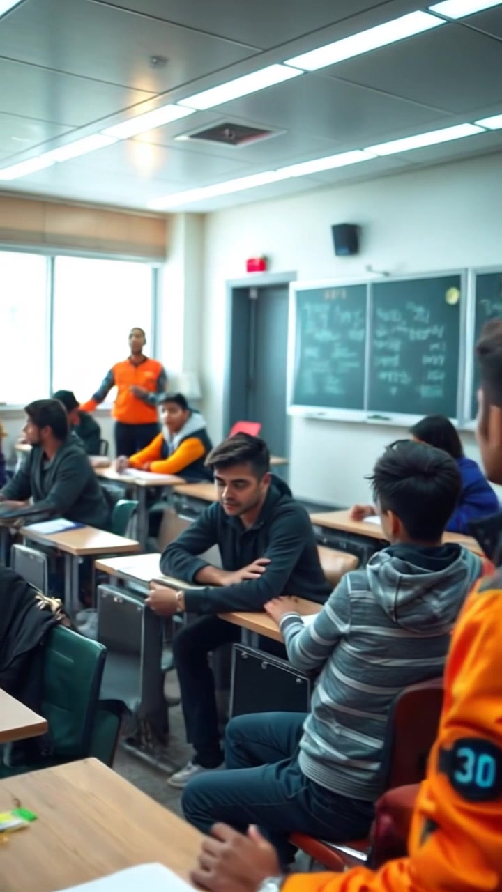 Scene: A classroom filled with attentive students seated at desks, while Arjun stands confidently at the blackboard, engaging the class. Style: Bright, natural lighting streaming through large windows, creating an inviting atmosphere. Motion: The camera performs a smooth, dynamic pan across the classroom, capturing students' focused expressions before gradually zooming in on Arjun as he gestures towards the blackboard.