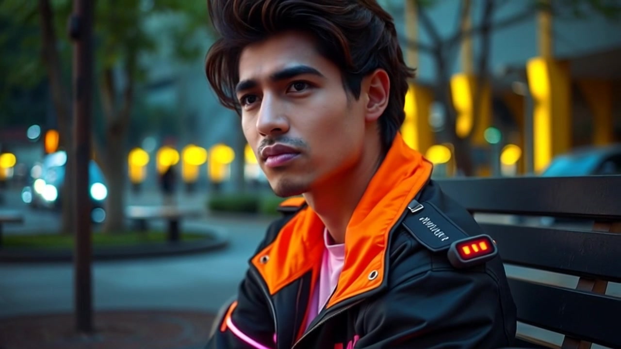 Subject: A young man sitting alone on a park bench. Subject movement: He shifts his gaze slowly from the ground to the distant trees, a pensive look on his face. Scene: A serene park setting with lush green trees and scattered sunlight filtering through the leaves. Style: Soft, ambient lighting creating a peaceful, reflective atmosphere. Motion: The camera gently zooms in on the young man's face, capturing the nuances of his expression, then pans out to reveal the tranquil surroundings.
