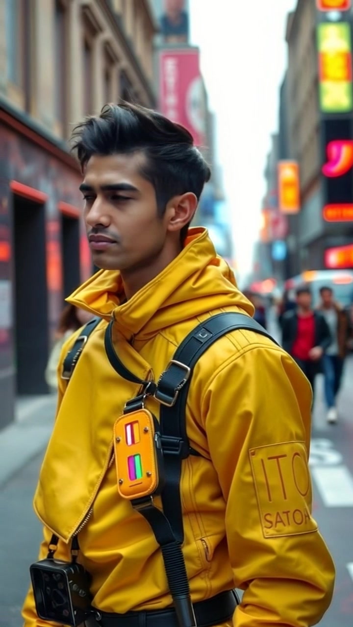 Subject: A young man standing thoughtfully on a bustling city street. Subject movement: He shifts his weight slightly, glancing around as pedestrians rush by him. Scene: A lively urban street filled with people, tall buildings lining the background. Style: Bright daylight with dynamic shadows cast by the buildings. Motion: The camera performs a slow, dramatic dolly in towards the young man as the crowd flows around him, highlighting his contemplative demeanor in contrast to the city's hustle.