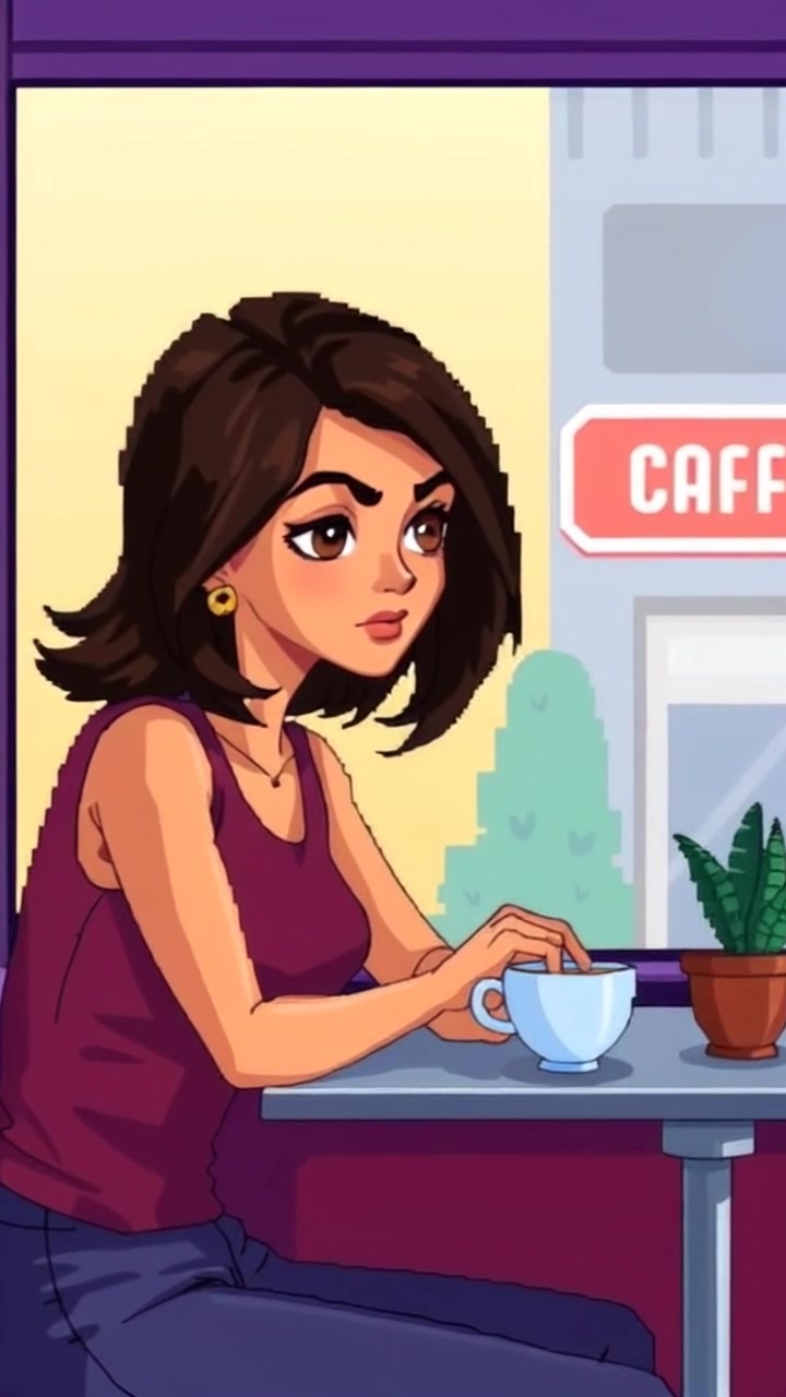 Scene: A cozy, quiet coffee shop with warm wood accents and soft lighting, where a person is lost in thought, gazing at a coffee cup. Style: Inviting morning light filtering through large windows, casting gentle shadows around the space. Motion: Camera gently pushes in on the coffee cup, capturing the quiet atmosphere, while the surrounding patrons remain softly blurred in a handheld style.