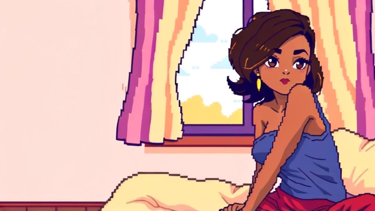 Subject: A young woman sitting on her bed, lost in thought. Subject movement: She shifts slightly, allowing the open curtains to billow in the breeze from the window. Scene: Cozy bedroom filled with soft, natural light, where the gentle breeze animates the light fabric of the curtains. Motion: The camera smoothly pans around the room, capturing the warmth of the space as it moves closer to the subject, with the billowing curtains framing the shot beautifully. Lighting: Morning light creating an inviting ambiance. Atmosphere: Warm, reflective mood.