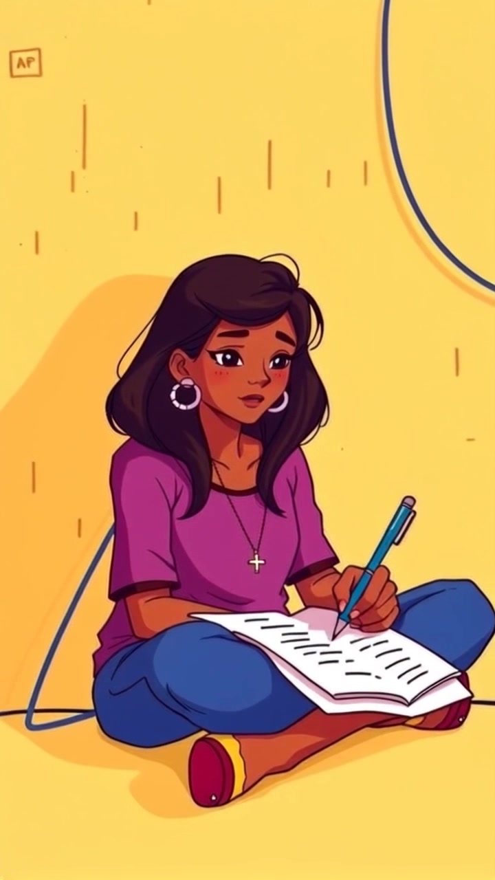 Subject: A focused individual sitting at a cozy wooden desk, pen in hand, immersed in writing thoughts on paper. Subject movement: The individual writes slowly and purposefully, the pen gliding across the page. Scene: A serene, softly lit home office with bookshelves in the background and plants on the desk. Style: Warm, ambient lighting enhances the cozy atmosphere, creating an inviting and peaceful mood. Motion: The camera performs a gentle push-in toward the subject, capturing the subtle details of her writing process, before smoothly pulling back to reveal the tranquil surroundings.