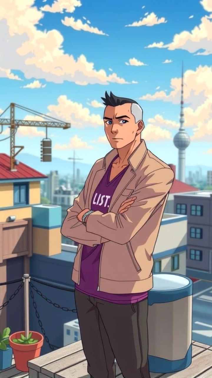 Subject: Saitama standing confidently on a rooftop. Subject movement: He turns his head slightly, surveying the cityscape below. Scene: Rooftop of a tall building, overlooking a sprawling urban city with buildings and streets stretching into the distance. Style: Bright, afternoon light casting vivid shadows, enhancing the details of the skyline. Motion: Camera performs a slow dolly out from a close-up of Saitama to reveal the expansive city beneath him, capturing the contrast between his stillness and the bustling life below.