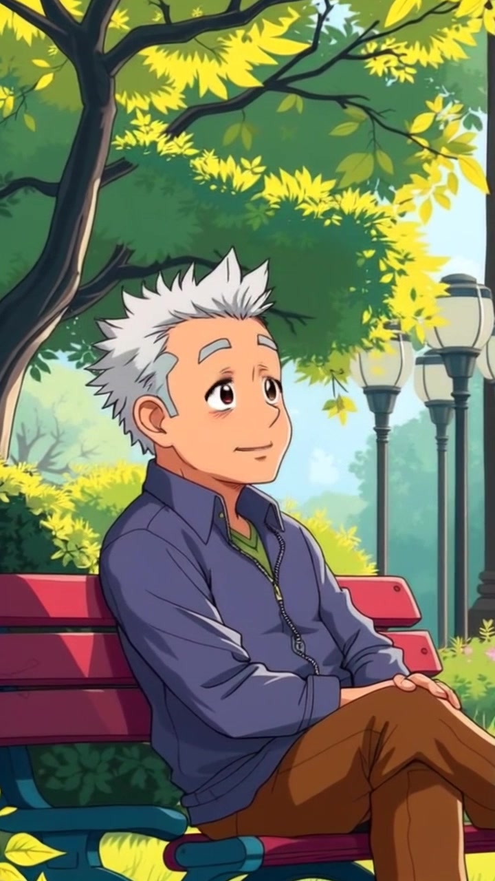 Subject: A person sitting on a park bench. Subject movement: The person gazes around the park with a serene expression, occasionally shifting their attention to various elements in the environment. Scene: A peaceful park setting with lush green trees, flowering plants, and a soft pathway. Style: Soft, warm afternoon light creating a tranquil ambiance, enhancing the natural beauty of the scene. Motion: The camera slowly zooms in on the person while gently panning to capture the surrounding lush greenery and vibrant flowers.