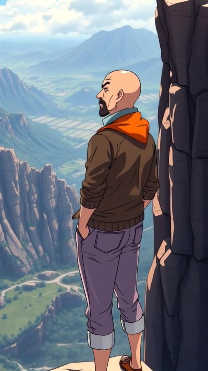Subject: Duryodhana confidently standing on a rocky cliff. Subject movement: He gazes over the vast valley, shifting his stance slightly as the wind tousles his hair. Scene: A dramatic cliff overlooking a sprawling valley, with rugged rocks and distant mountains. Style: Morning light illuminating the valley below, creating a sense of majesty and anticipation. Motion: The camera begins with a medium shot of Duryodhana, then slowly pushes in for a close-up, capturing the intensity in his expression while the landscape unfolds below him.