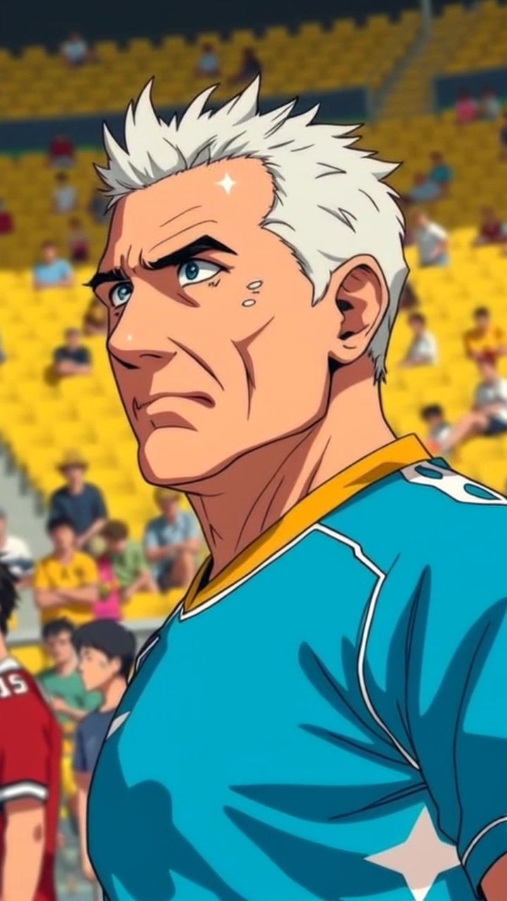 Subject: A determined individual standing on the sideline, deep in thought, observing a game. Scene: Sidelines of a sports field filled with intensity, players moving energetically in the background, colors vibrant under the setting sun. Lighting: Warm, golden-hour lighting creating a dramatic contrast between the player and the surroundings. Motion: Camera slowly zooms in on the individual, capturing the focused expression while gently panning to reveal the unfolding action on the field.
