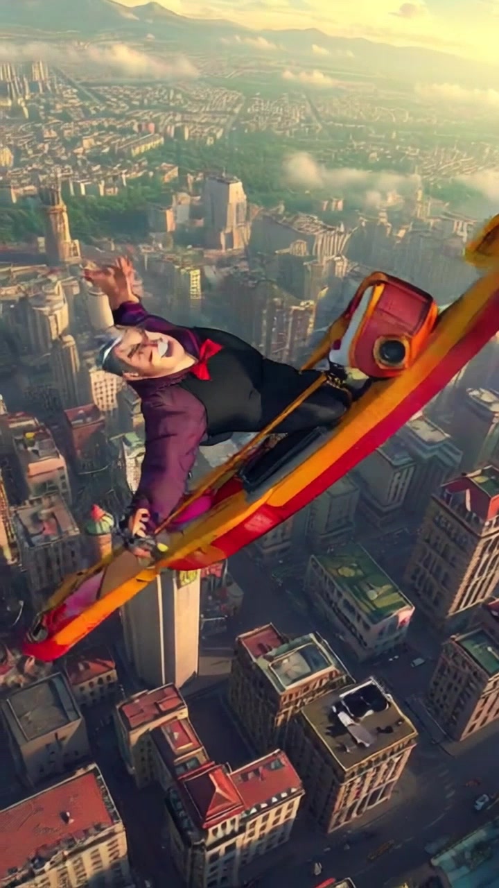 Subject: A glider piloted by Carlos, who wears a sinister grin. Subject movement: The glider swoops dramatically over the cityscape, creating chaos below as it maneuvers through the air. Scene: An urban skyline captured from above, bustling streets teeming with activity and surprise. Style: Bright daylight with a sharp contrast between the vibrant city colors and shadows cast by buildings. Motion: Aerial shot steadily following Carlos' glider as it dives and climbs, with the camera tilting to capture the thrilling perspective of both the pilot and the bustling city beneath.
