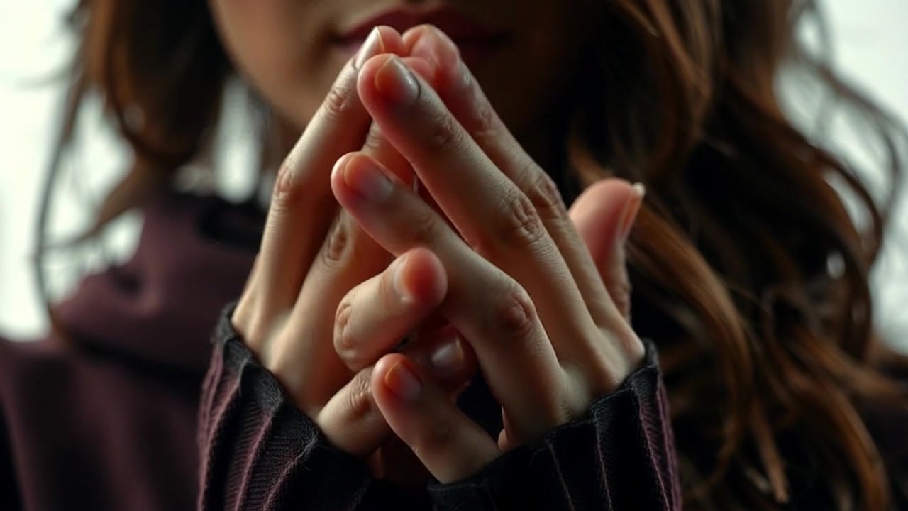 Scene: A close-up of clasped hands in prayer, fingers intertwined, resting on a soft fabric surface. Style: Warm, soft lighting highlighting the gentle curves and textures of the hands. Motion: The camera slowly pushes in, capturing the subtle movements of the hands as they gently shift and adjust, creating an intimate and serene atmosphere.