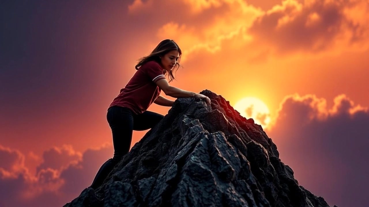 Subject: A determined climber scaling a steep mountain. Subject movement: The climber ascends with a strong, purposeful stride, using their hands and feet to navigate the rocky terrain. Scene: A majestic mountainscape, surrounded by towering peaks and dramatic clouds in the background. Style: Bright morning light illuminating the path ahead with crisp blue skies. Motion: The camera follows closely behind the climber, capturing their focused expression and the rugged landscape as it shifts and rises, emphasizing the scale of the mountain.