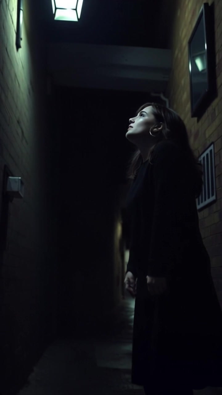 Scene: A dark, narrow alley illuminated by a solitary streetlight, shadows stretching across the damp pavement where echoes of haunting cries resonate. Style: Low-key lighting creates a moody and tense atmosphere, enhancing the sense of isolation. Motion: Camera gently pans down the alley, capturing the interplay of light and shadow, as the distant cries seem to linger in the air.