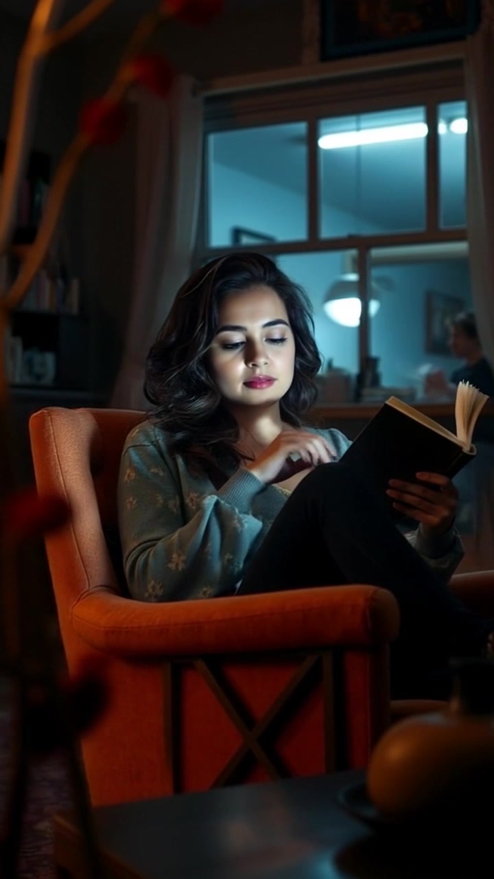 Subject: A person seated in a cozy chair, looking curious while reading a book. Subject movement: The person shifts slightly in their seat, turning pages with an intrigued expression. Scene: A warmly lit room filled with soft, inviting décor, showcasing bookshelves and a gentle glow from a nearby lamp. Motion: The camera slowly pushes in to capture the person's focused gaze on the pages, creating an intimate atmosphere. Lighting: Soft ambient light enhances the warmth, creating a welcoming, tranquil vibe.