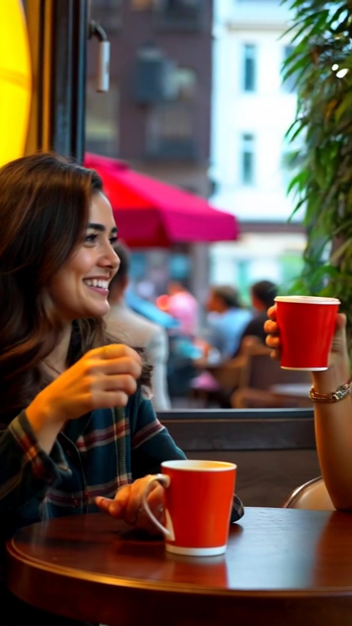 Subject: Two friends enjoying a lively conversation at a cozy cafe. Subject movement: They lean in closer, laughing and smiling, sharing in a joyful moment over their coffee cups. Scene: A charming cafe setting, adorned with warm wooden accents and greenery, with ambient chatter in the background. Lighting: Soft, inviting light filtering through large windows, casting gentle shadows. Motion: Handheld camera tracking shot that smoothly moves around the table, capturing candid expressions and the overall warmth of the atmosphere.