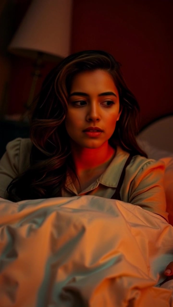 Subject: A startled person, Laila, sits up in bed. Subject movement: She looks around, appearing confused and disoriented. Scene: A dimly lit bedroom filled with soft shadows, scattered clothing, and a bedside lamp casting a warm glow. Camera: A smooth handheld tracking shot approaches her face, capturing her expressions and the stillness of the room. Lighting: Soft, ambient lighting creates a moody atmosphere, enhancing the feeling of confusion and surprise.