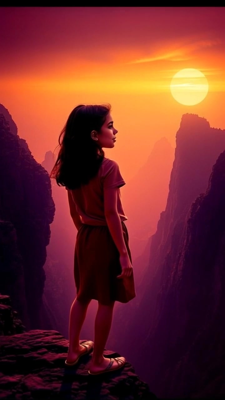 Subject: A girl standing at the edge of a cliff. Subject movement: She gazes contemplatively into the vast unknown landscape, the wind gently tousling her hair. Scene: A breathtaking view from a rugged cliff, overlooking a valley filled with rolling hills and distant mountains shrouded in mist. Style: Soft, ambient light with a touch of golden hour warmth. Motion: The camera slowly pushes in on the girl, capturing her stillness against the expansive backdrop, as the landscape subtly shifts in the breeze, evoking a sense of wonder and exploration.