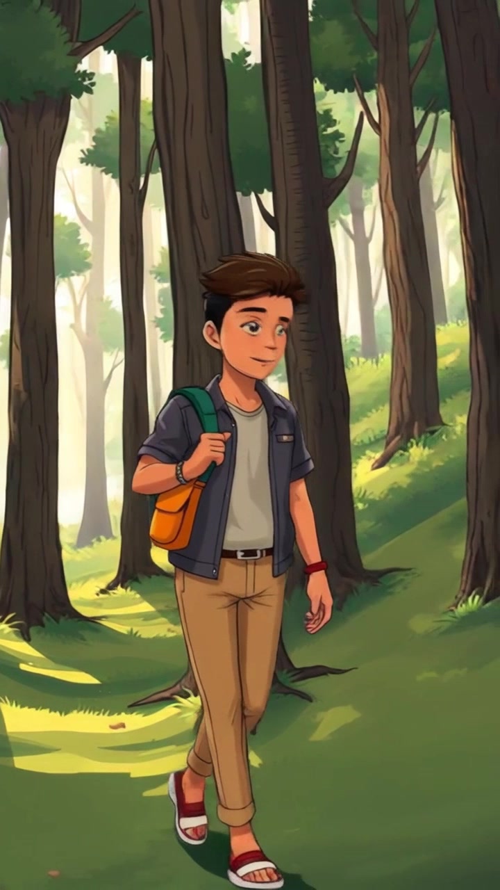 Subject: Arjun walking through a lush green forest, stepping lightly on the soft earth. Scene: A vibrant forest filled with tall trees, sunlight filtering gently through the leaves, casting playful shadows on the ground. Motion: The camera follows Arjun with a smooth tracking shot, weaving between the trunks as he moves deeper into the forest, highlighting the serene and inviting atmosphere created by the natural light.
