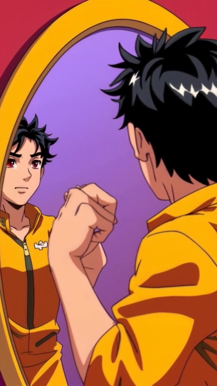 Subject: Raka standing in front of a mirror. Subject movement: Raka stands with a determined expression, gathering courage to take action. Scene: A well-lit room, with soft lighting reflecting off the mirror, creating an introspective atmosphere. Motion: Camera slowly pushes in on Raka's reflection, emphasizing the resolve in their eyes as they prepare for the moment. The ambiance is warm and inviting, promoting a sense of personal transformation.