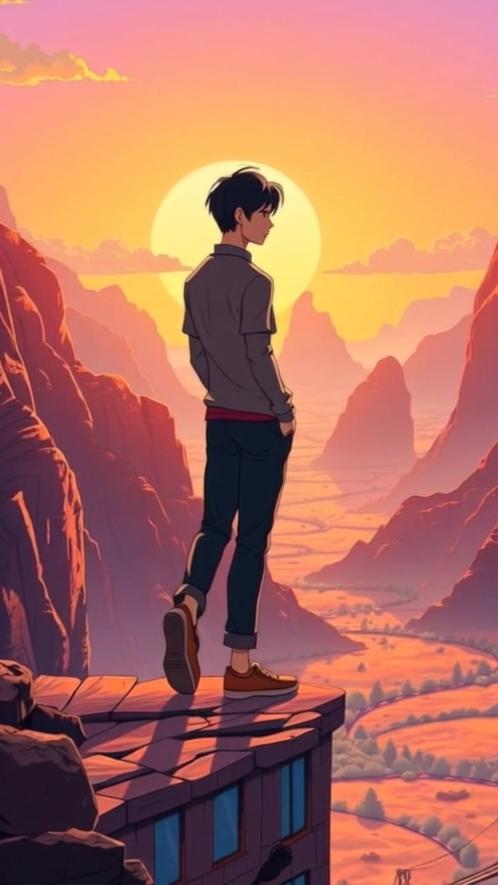Subject: Raka standing at the edge of a cliff. Subject movement: Raka gazes outwards over the tranquil valley, a gentle breeze ruffling their hair. Scene: A stunning view of a serene valley illuminated by the warm, golden hues of sunrise, with soft clouds gliding in the early morning sky. Style: Ambient morning light casts a soft glow across the landscape, enhancing the peace of the scene. Motion: Camera slowly pushes in from a wide perspective, capturing the vastness of the valley while focusing on Raka's contemplative posture against the breathtaking backdrop.