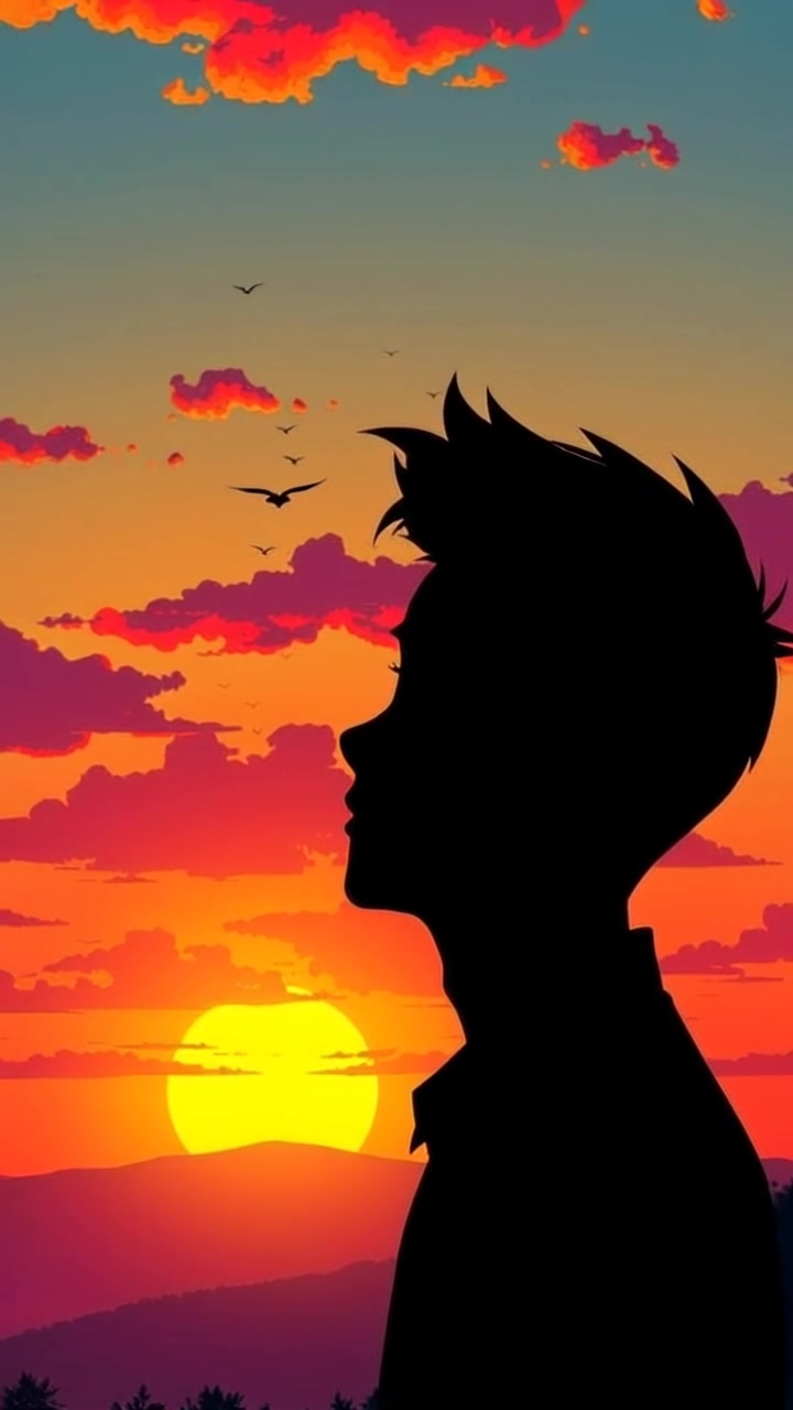 Subject: A young man gazing towards the horizon. Scene: A breathtaking sunset view, the sky splashed with vibrant hues of orange, pink, and purple, silhouetting the figure against the colorful backdrop. Motion: The camera slowly pushes in towards the figure, capturing the serenity of the moment while the warm, golden-hour lighting bathes the scene, creating an atmosphere of hope.
