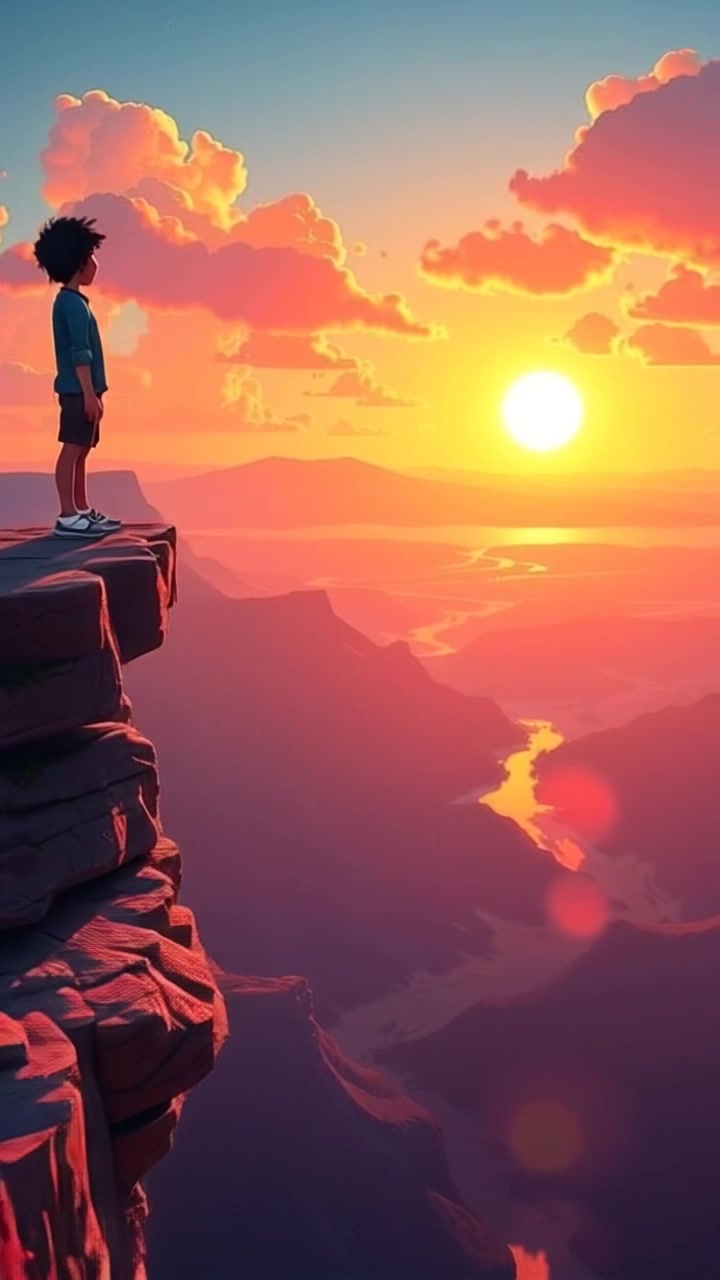 Scene: Standing at the edge of a cliff, overlooking a breathtaking expanse of rolling hills and valleys bathed in soft twilight. Style: Warm, ambient light with a golden hue as the sun sets on the horizon, casting long shadows and highlighting the rugged terrain. Motion: The camera performs a sweeping dolly out from the cliff's edge, revealing the grandeur of the landscape below, while maintaining a steady focus on the expansive view.