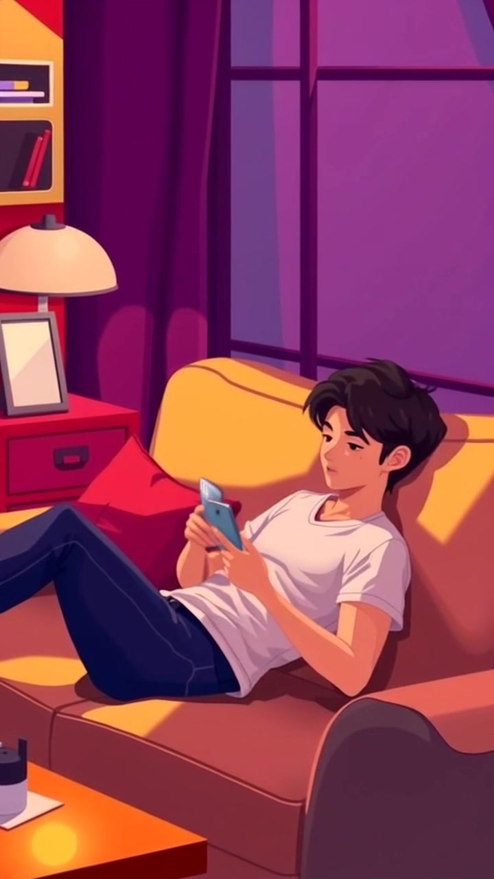 Subject: A young man lounging on a cozy sofa. Subject movement: He scrolls through his smartphone, occasionally shifting his weight and adjusting his position for comfort. Scene: A warm and inviting living room filled with soft cushions, ambient lighting, and decorative elements. Motion: The camera performs a gentle push-in, focusing closely on the man's expressions as he interacts with his phone, highlighting the relaxed atmosphere of the space.