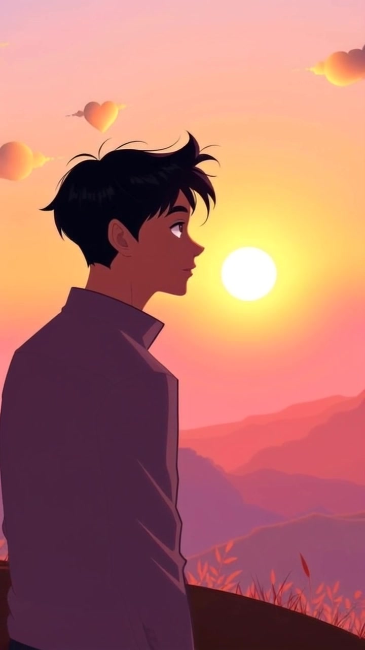 Subject: A person gazing at a stunning sunrise over the horizon. Subject movement: The figure stands still, reflecting on the beauty of the moment. Scene: A tranquil landscape at dawn, with soft colors washing over the sky and illuminating the surroundings. Style: Warm, soft morning light casting a gentle glow across the scene, evoking feelings of hope and ambition. Motion: The camera slowly pushes in towards the figure, capturing the serene ambiance as the sun rises, while the foreground emphasizes the bouquet of colors in the sky.