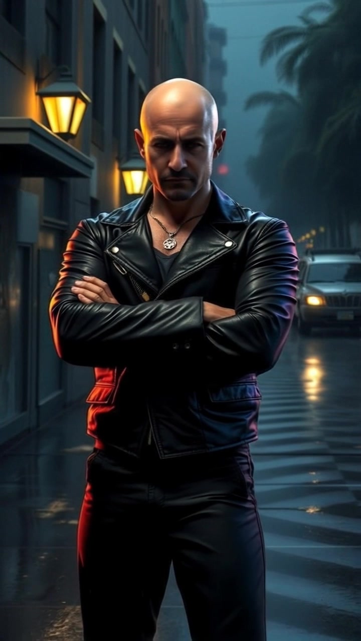 Subject: A figure named Carlos standing with arms crossed, exuding a menacing aura with a serious expression. Subject movement: Carlos remains still but emanates a commanding presence. Scene: Dark, moody alley with graffiti on the walls and dim overhead lighting creating stark shadows. Style: Low-key lighting enhances the tension in the atmosphere. Motion: Camera begins with a close-up on Carlos's intense expression, then slowly pulls back, revealing the full context of the shadowy alley.
