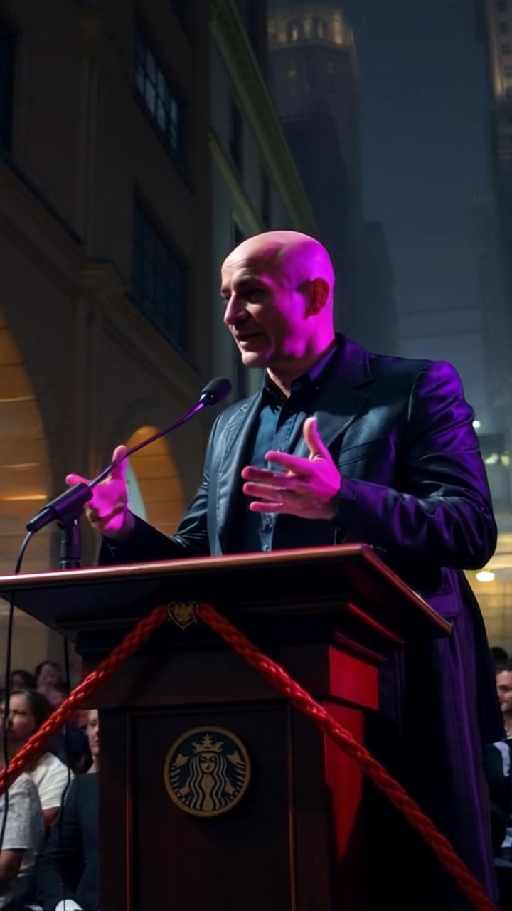Subject: Carlos standing confidently at a podium. Subject movement: He gestures emphatically while addressing a mixed crowd of people. Scene: A vibrant conference hall filled with an engaged audience, the atmosphere charged with energy and anticipation. Style: Bright, clear lighting that enhances the lively environment. Motion: The camera smoothly tracks around Carlos, capturing the expressions of the crowd as well as his dynamic gestures.