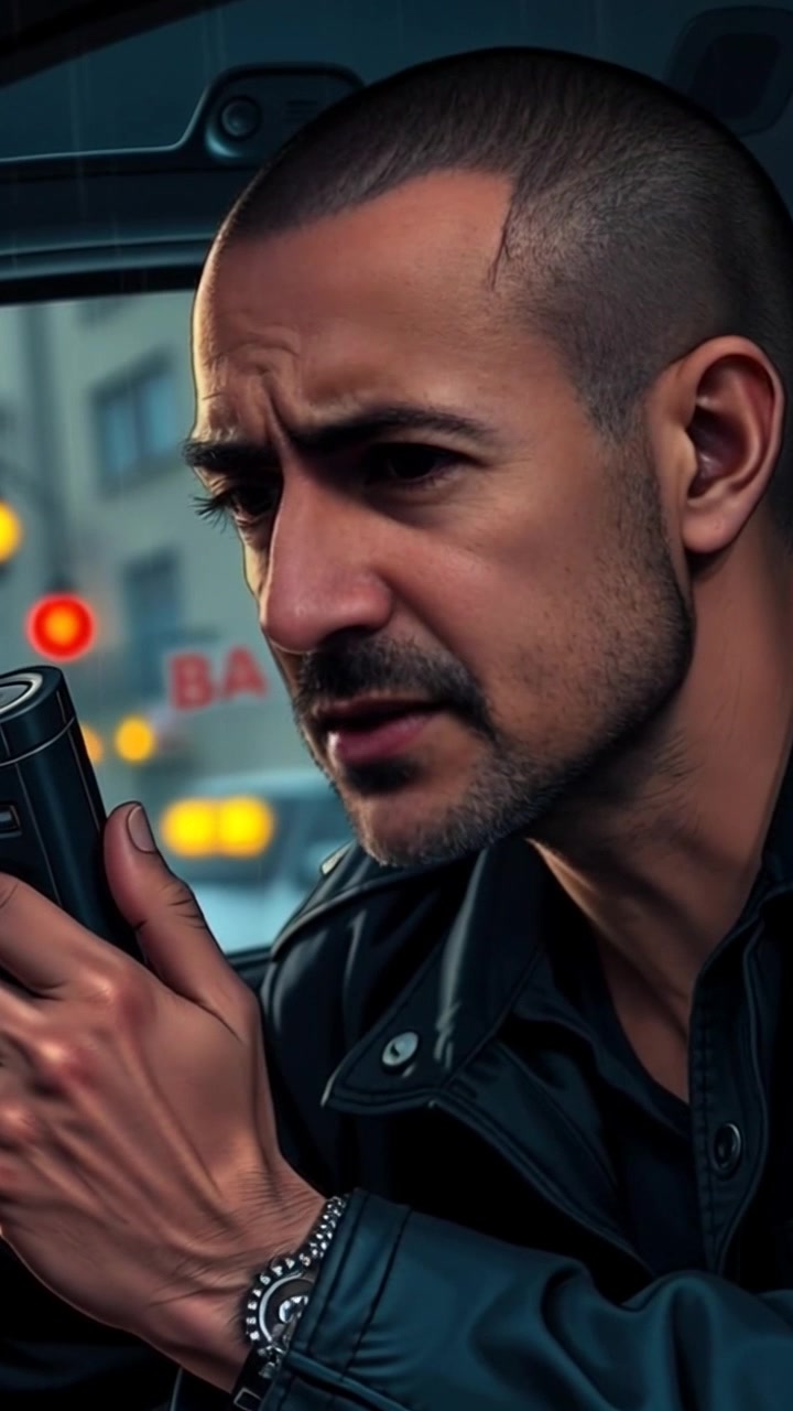 Subject: A police officer named Carlos sitting in a police car. Subject movement: Carlos speaks earnestly into a radio, his expression serious and focused. Scene: Inside the police car, with the city streets slightly blurred in the background, creating a sense of urgency. Lighting: Dim, with ambient light highlighting the interior details of the car. Motion: The camera slowly zooms in on Carlos's face, capturing the intensity of the moment, then shifts to show the radio in front of him.