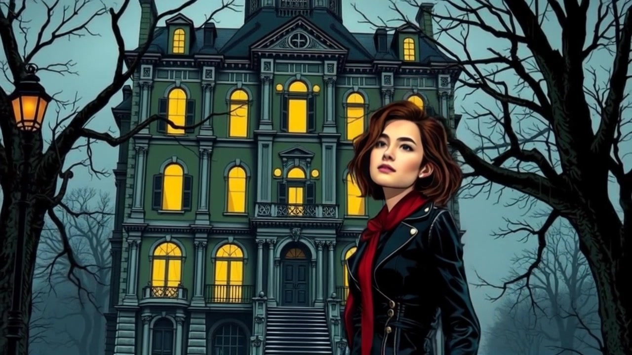 Subject: A young woman standing in front of a grand mansion. Subject movement: She shifts her weight from one foot to the other, her expression reflecting a mix of awe and fear as she gazes at the looming structure. Scene: An imposing mansion surrounded by lush greenery, framed under an overcast sky. Style: Dramatic lighting accentuating the mansion's intricate architecture, creating shadows that enhance the sense of mystery. Motion: A smooth dolly shot approaching the subject, capturing her emotions in close-up as she takes a deep breath, the camera then pulling back to reveal the mansion's imposing presence behind her.