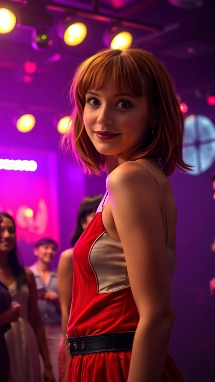 Subject: Emma standing under dim lights, her captivating presence drawing the attention of the party. Subject movement: She gracefully sways slightly, engaging with those around her. Scene: A lively party atmosphere filled with soft ambient lighting and people mingling in the background. Style: Warm, inviting mood enhanced by a soft golden hue surrounding her. Motion: Camera slowly pushes in on Emma, capturing her enchanting expression as laughter and chatter fill the air, with gentle focus shifts to the people around her in a dynamic, handheld style.