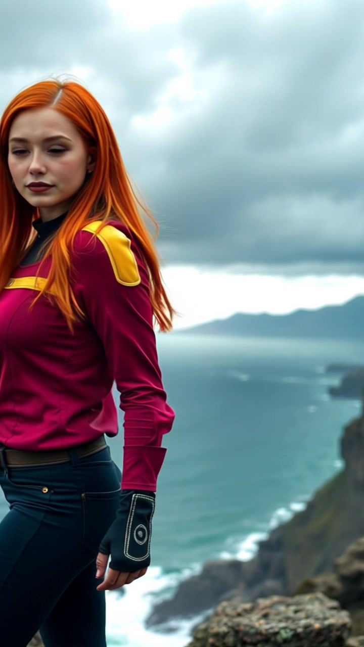 Subject: Emma standing on a rocky cliff. Subject movement: She gazes intently towards the distant sea, her hair blowing in the gusty winds as the stormy sky looms above. Scene: A dramatic cliffside overlooking a tempestuous ocean, with turbulent clouds swirling overhead. Style: Dark, moody lighting accentuating the intensity of the storm. Motion: The camera gradually zooms in on Emma, capturing the power of nature around her while the waves crash violently against the rocks below.