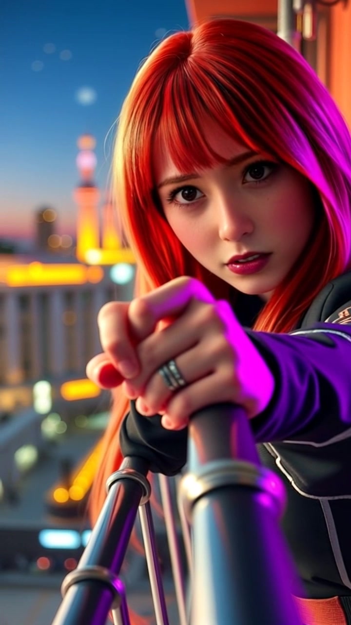 Scene: A close-up of hands gripping a balcony railing tightly, surrounded by a softly blurred urban backdrop. Style: Soft ambient lighting as the sun begins to set, casting a warm glow. Motion: The camera slowly pushes in on the hands, emphasizing the tension in the grip, while the background subtly shifts, hinting at the bustling city life beyond.