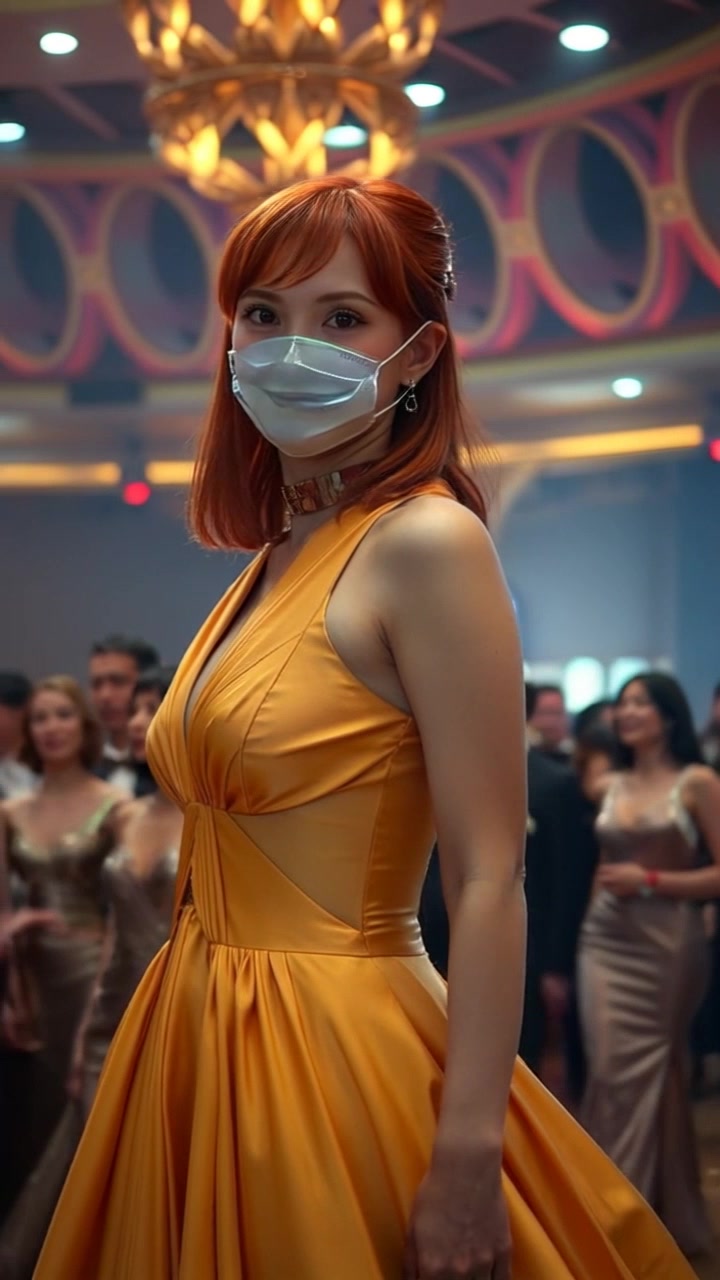 Subject: A woman in an elegant mask and gown, standing confidently amidst a bustling crowd at the ball, exuding poise and charm. Scene: A grand ballroom filled with elegantly dressed attendees, chandeliers glittering overhead and colorful decorations enhancing the festive atmosphere. Lighting: Soft, ambient light illuminating the scene, creating a warm and inviting glow. Motion: The camera gently pans across the crowd, then focuses in on the woman, highlighting her striking presence as she interacts with her surroundings.