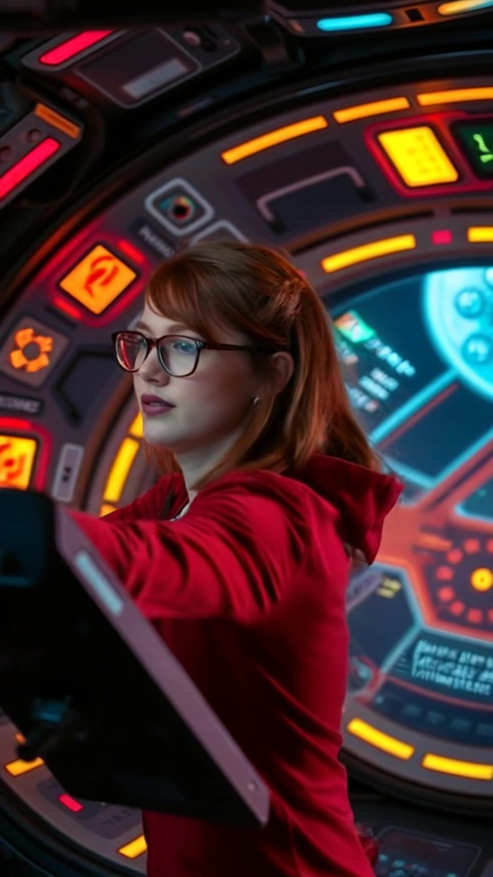 Scene: Inside a turbulence-ridden spaceship, technology flickering ominously as controls shake and alarms blare. Style: Stark, dramatic lighting emphasizing the chaos in the cockpit. Motion: Camera shakes with the ship, dynamically panning to capture Emma's determined expression as she fights to regain control, framing the frantic scene with a sense of urgency.