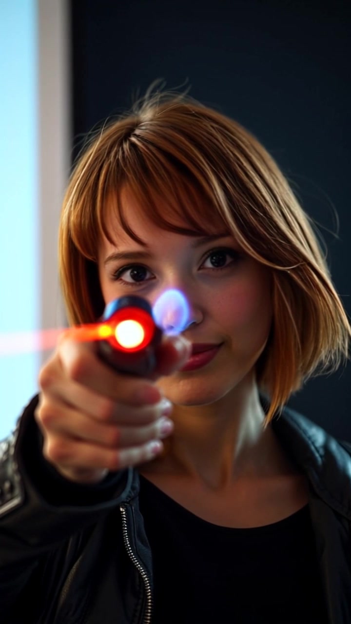 Subject: A hand gripping a laser pointer, poised with focused intent. Subject movement: The hand adjusts slightly as the laser pointer beams across a presentation. Scene: An indoor conference room with a presentation screen in the background, filled with notes and charts. Style: Bright, well-lit atmosphere with ambient lighting highlighting the details on the screen. Motion: The camera slowly pushes in on the hand, emphasizing the tension and precision as the pointer's beam travels across the screen.
