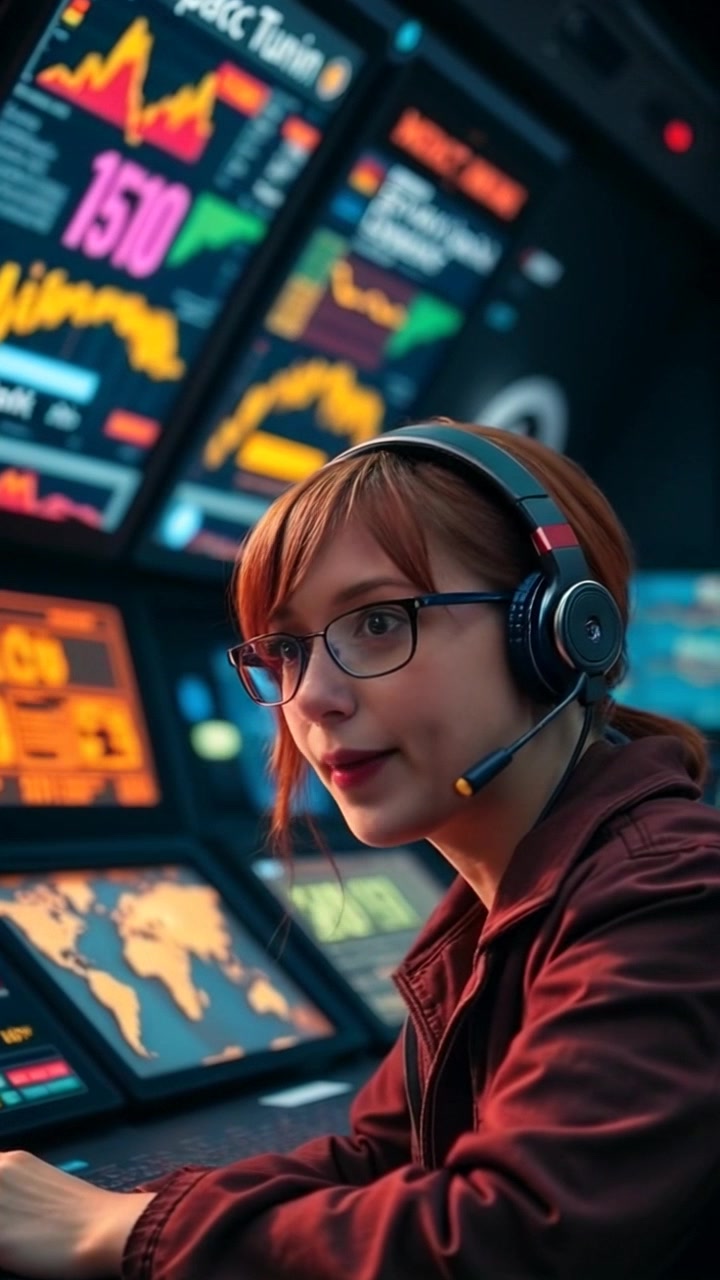 Subject: Emma is at her console, actively engaged and speaking into a headset. Scene: Inside a high-tech control room filled with multiple screens displaying complex data and glowing lights. Motion: Push in steadily on Emma as she speaks, the camera subtly panning to showcase the vibrant screens around her, with a mix of cool ambient lighting emanating from the displays creating a focused yet dynamic atmosphere.