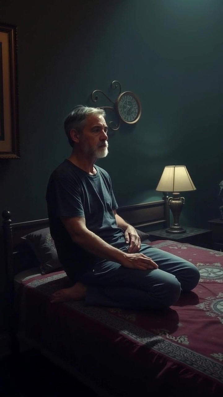 Scene: A dimly lit room with soft shadows, featuring a bed and minimal decor. Lighting: Subtle, moody light creates an intimate atmosphere, enhancing the feeling of tension. Motion: The camera slowly zooms in on the figure sitting on the edge of the bed, capturing their anxious demeanor as they fidget with their hands.