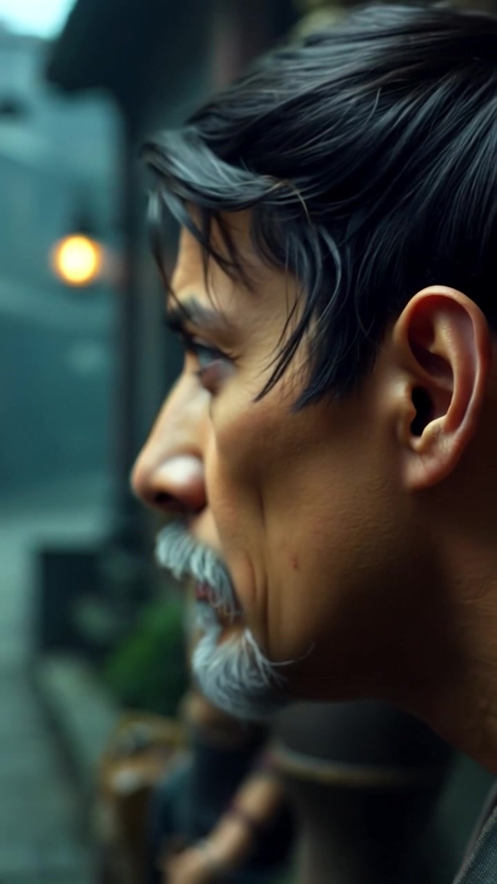 Subject: A mysterious man with dark eyes, gazing intently into the distance. Subject movement: His head slowly turns to follow the unseen object of his focus, showcasing a sense of curiosity. Scene: A dimly lit, atmospheric alleyway shrouded in shadows, with intriguing details hinting at urban life. Style: Soft, moody lighting adding a sense of suspense and tension. Motion: The camera begins with a close-up of his eyes, then smoothly pulls back to reveal more of his surroundings, maintaining a tight focus on his expressions.