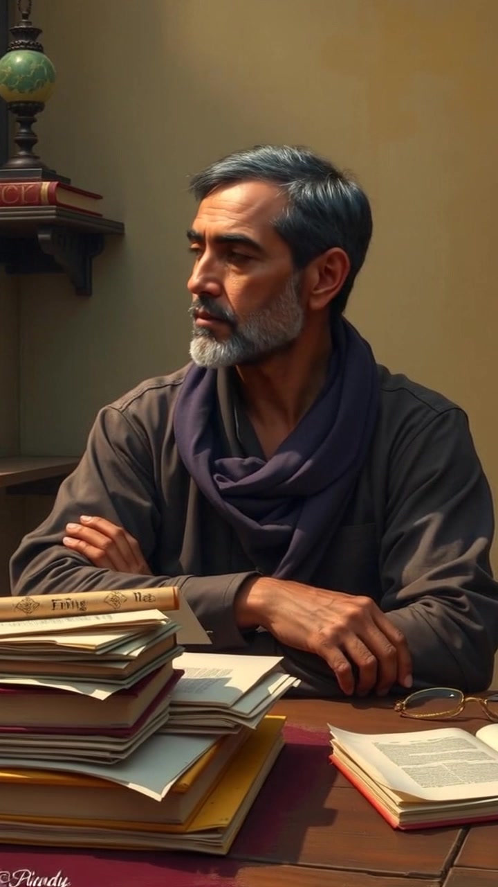 Subject: A thoughtful individual named Raj, seated at a table adorned with a stack of books and papers. Subject movement: Raj shifts slightly in his chair, contemplating his next action while occasionally glancing at the pages before him. Scene: A cozy study room filled with warm, ambient lighting, layered with rich wooden furniture and bookshelves in the background. Motion: Camera performs a slow dolly in towards Raj, capturing his pensive expression and the organized chaos of papers in a close-up shot, inviting viewers into the moment.
