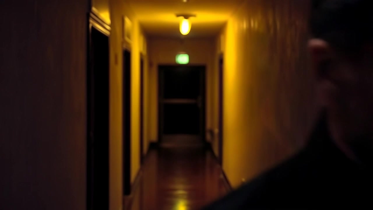 Scene: A dimly lit hallway, with elongated shadows and a sense of eerie suspense lingering in the air. Style: Moody, low-key lighting accentuating the darkness and depth of the hallway. Motion: The camera moves steadily forward, capturing the shadowy figure's footsteps echoing softly against the walls, creating an unsettling atmosphere as it follows the path ahead.