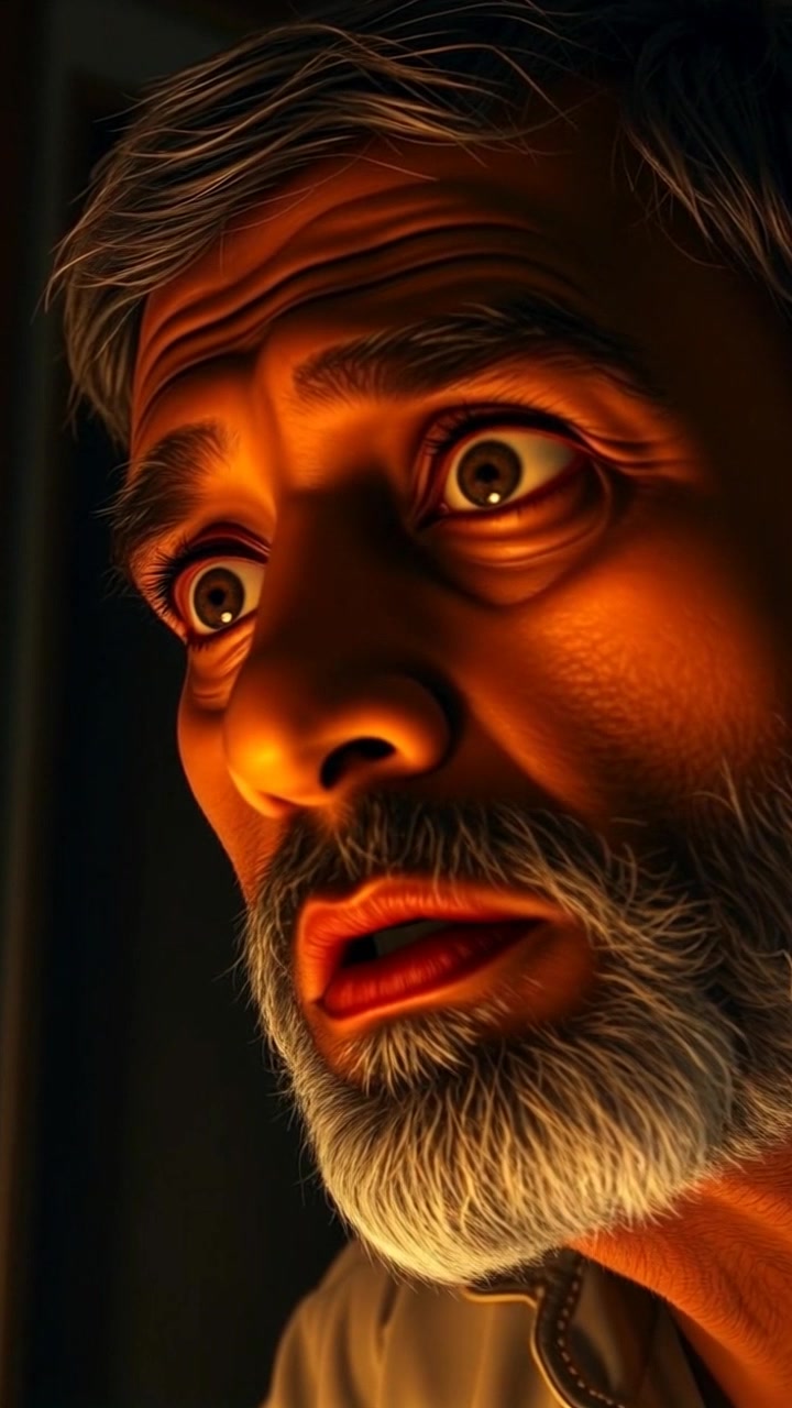 Subject: A surprised individual awakening in the dark. Subject movement: The person jolts upright, eyes wide with a startled expression as they hear an unexpected sound. Scene: A dimly lit room, shadows dancing in the corners as the night envelops everything. Style: Soft, ambient lighting focusing on the face, with a subtle glow highlighting the contours of his features. Motion: Camera zooms in dramatically on the person's face, capturing the instant of surprise, while the shadows behind him flicker and shift, adding to the tension.