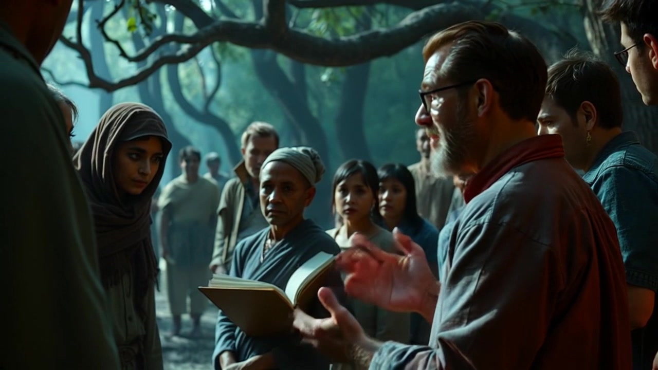 Scene: Villagers gathered around a charismatic storyteller, immersed in the unfolding narrative under a sprawling oak tree. Style: Warm, golden-hour lighting enveloping the scene, creating an inviting atmosphere. Motion: Camera slowly pans around the gathering, capturing the rapt expressions of the listeners and the storyteller's animated gestures, conveying the sense of community and engagement.