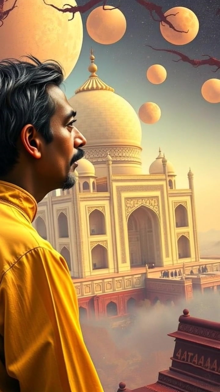 Subject: Shah Jahan standing thoughtfully. Subject movement: He gazes out at the stunning landscape surrounding the Taj Mahal, with moments of reflection. Scene: A tranquil setting near the Taj Mahal, highlighted by lush gardens and a serene water feature reflecting the monument. Style: Soft morning light gently illuminating the scene, creating an inviting and peaceful atmosphere. Motion: The camera slowly pushes in on Shah Jahan, capturing his contemplative expression while including wide shots of the iconic architecture and surrounding beauty.