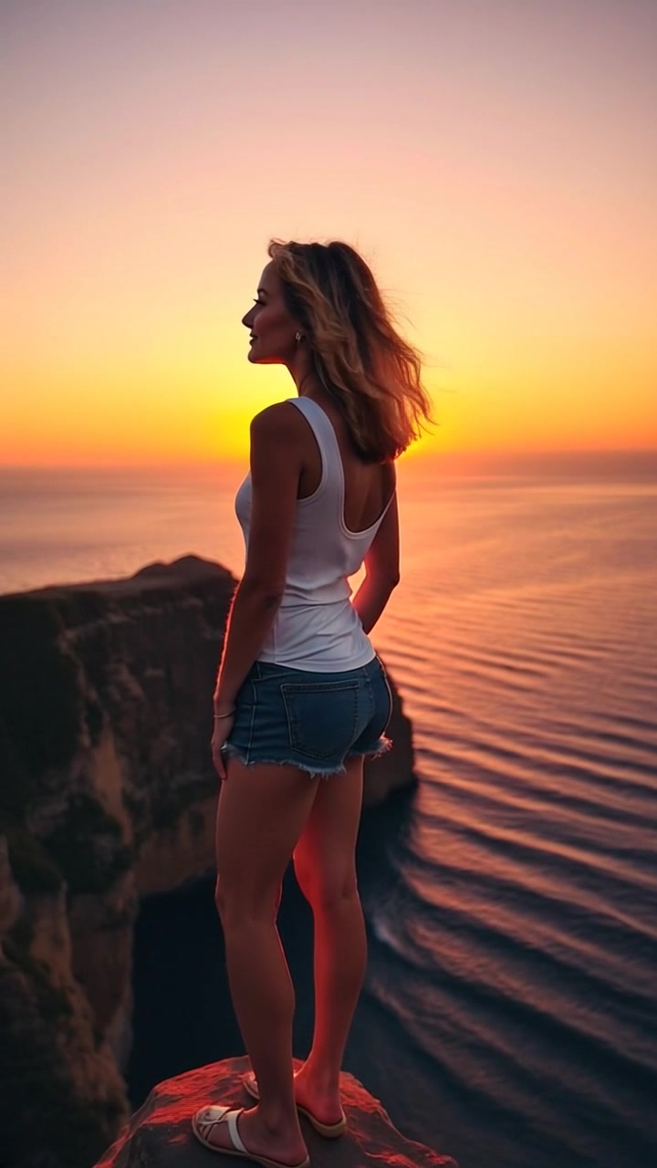 Subject: A person standing at the edge of a cliff. Subject movement: The person gazes confidently at the vibrant sunset over the ocean, with a gentle breeze causing their hair to flow. Scene: Captivating vista of the sunset reflecting on ocean waves, with cliffs framing the horizon. Style: Warm, golden-hour lighting enhancing the dramatic hues of the sky and water. Motion: Camera slowly pushes in from behind, revealing the expansive view as the waves crash softly against the cliffside.