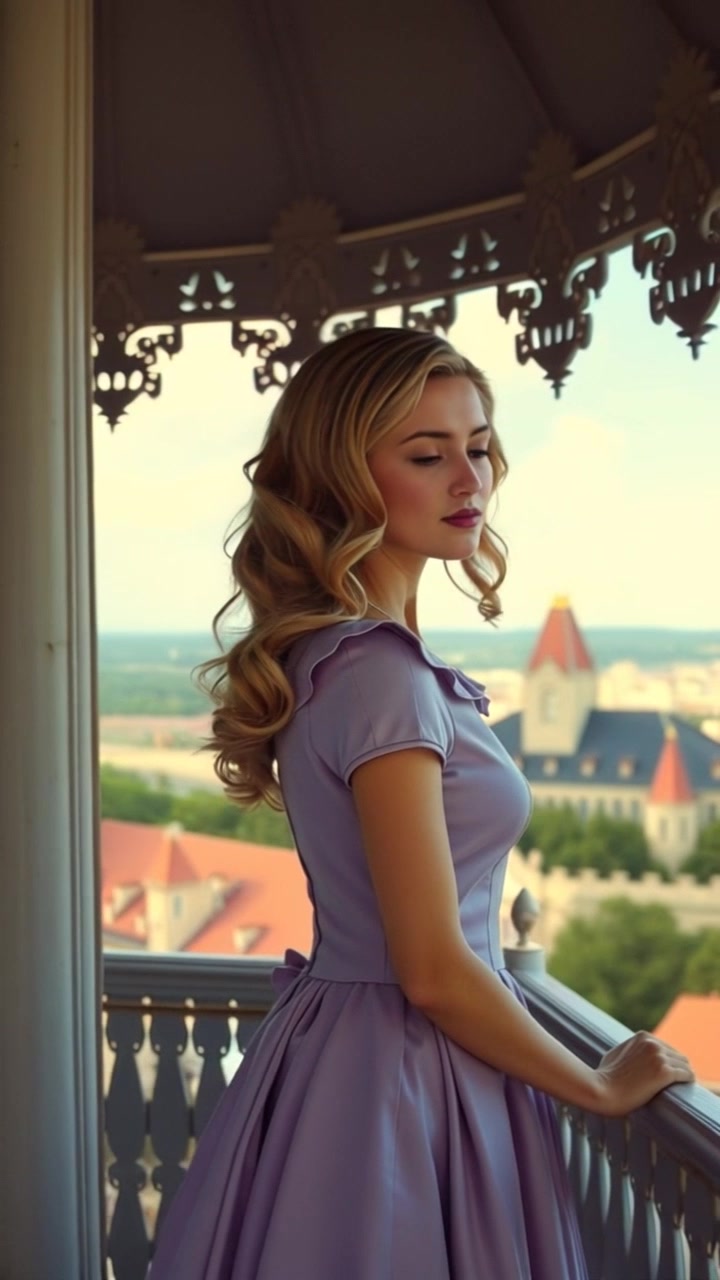Subject: A solitary figure gazing out over the kingdom. Subject movement: The figure stands still, framed on a balcony with a solemn expression. Scene: A majestic castle balcony overlooking a sprawling kingdom under a dramatic sky. Style: Late afternoon light casting long shadows with an air of melancholy. Motion: The camera slowly pans outward, revealing the vastness of the kingdom while maintaining focus on the figure's contemplative stance.