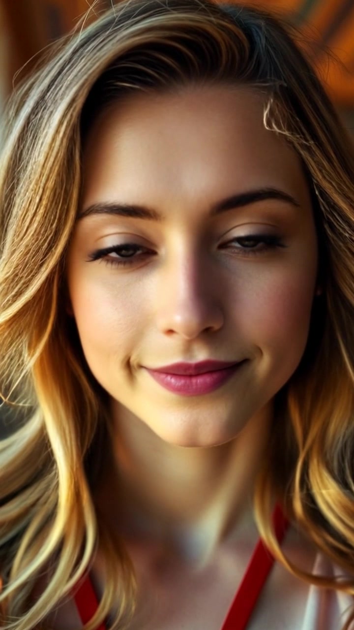 Scene: A close-up of a person's face, illuminated softly, with a warm twinkle in their eyes. Style: Soft, diffused lighting creating a gentle, inviting atmosphere. Motion: The camera slowly pushes in, accentuating the sparkle in the person's eyes while capturing the subtle expressions on their face.
